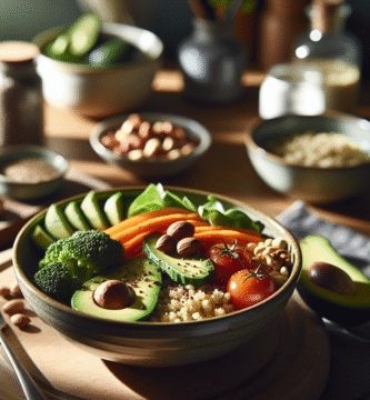 Nærbilde av et sunt måltid på et kjøkkenbord: bolle med quinoa, grønnsaker, avokado og nøtter, naturlig lys, moderne skandinavisk stil, innbydende farger