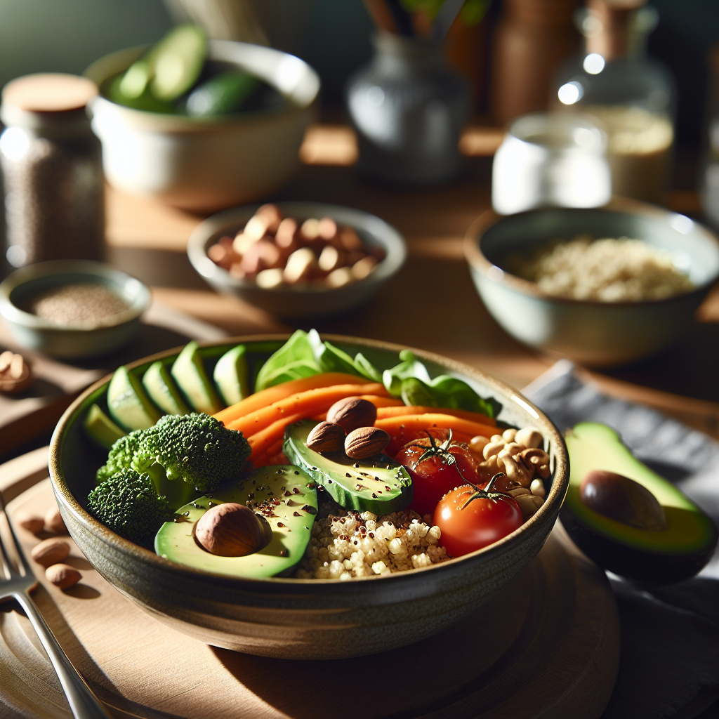 Nærbilde av et sunt måltid på et kjøkkenbord: bolle med quinoa, grønnsaker, avokado og nøtter, naturlig lys, moderne skandinavisk stil, innbydende farger